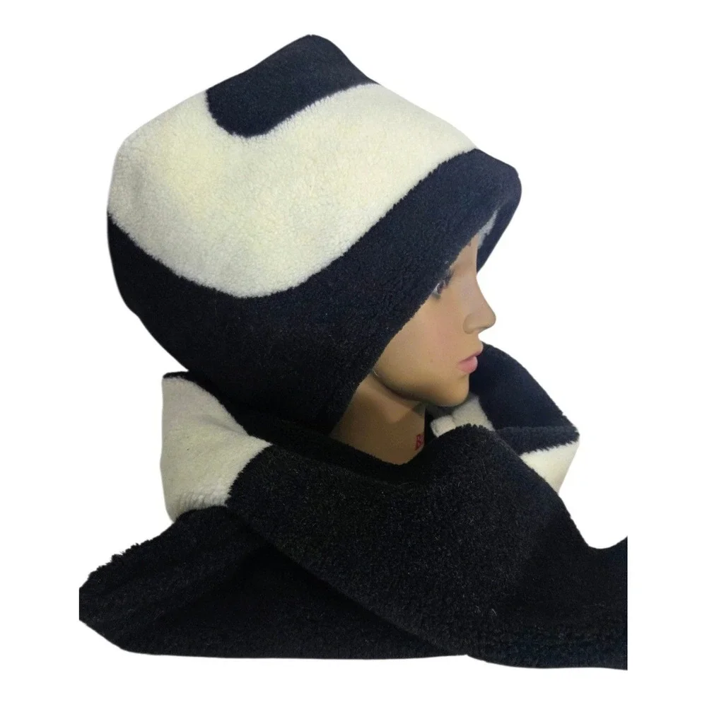 Unisex Adult‎ Winter Hat Scarf Set Handmade Fleece Slouchy Oversized Black Cream